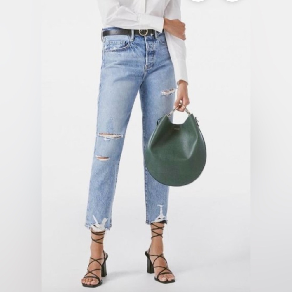 FRAME Le Original Distressed Straight Leg Jeans in Cascade Blue Rips-SZ 24 - Picture 2 of 15